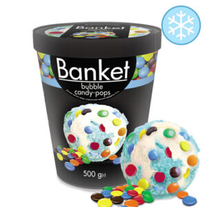 Морозиво "Ласунка" у відрі BANKET ЗІ СМАКОМ BUBBLE І ДРАЖЕ CANDY POPS, 500 г, ціна за шт
